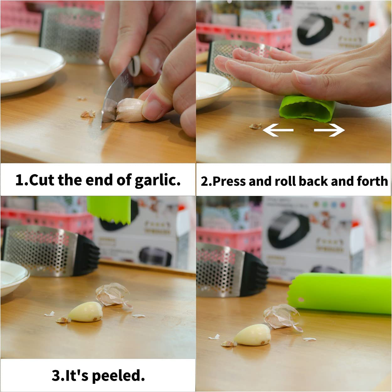 ASTOFLI Garlic Press Stainless Steel, Garlic Chopper with 2PCS Garlic Peeler, Sturdy Kitchen Gadgets Garlic Mincer Garlic Grinder with Ergonomic Handle, Garlic Crusher Extracts More Garlic Paste