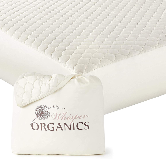 Whisper Organics, 100% Organic Mattress Protector - Quilted Fitted Mattress Pad Cover, GOTS Certified Breathable Mattress Protector - Ivory Color, 17" Deep Pocket (Queen Size Bed)