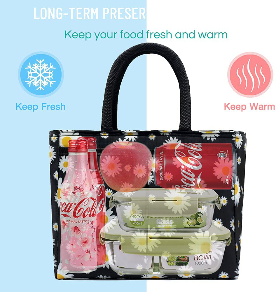 Lunch Bags for Women and Girls Cute Lunch Tote Bag Daisy Lunch Box with a Placement for Work School,Black