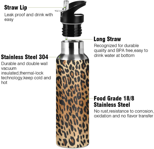 Qilmy Sport Water Bottle with Straw Lid Vacuum Insulated Stainless Steel Thermo Flask Water Bottle 20 oz