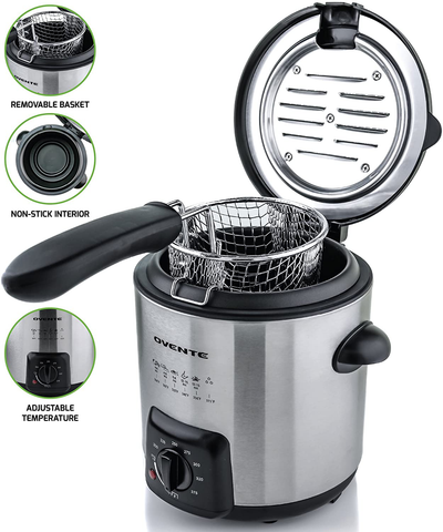 Ovente Electric Oil Deep Fryer 0.9 Liter with Stainless Steel Basket and Temperature Control, 840 Watt Power with Heating Element, Perfect for Chicken Fries Compact & Easy Storage, Silver FDM1091BR