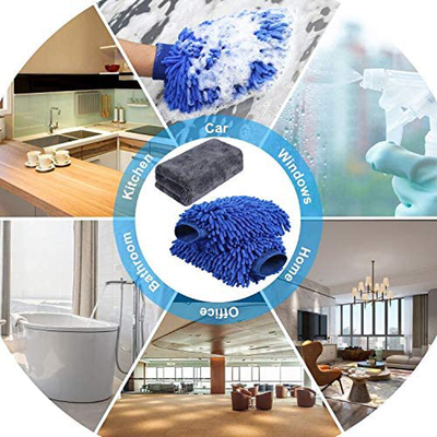AUTODECO 3pcs Car Wash Cleaning Tools Kit Chenille Microfiber Waterproof Wash Mitt Extra Large Size Wash Glove with Highly Absorbent Drying Cleaning Towel Lint Free Scratch Free - 2 Mitt & 1 Towel