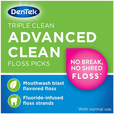 DenTek Triple Clean Advanced Clean Floss Picks, No Break & No Shred Floss, 90 Count