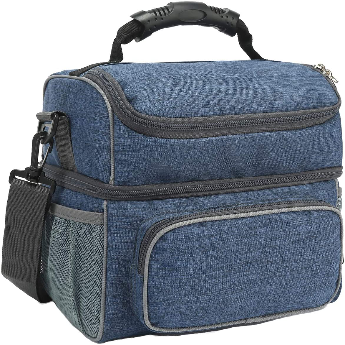 FlowFly Double Layer Cooler Insulated Lunch Bag Adult Lunch Box Large Tote Bag for Men, Women, With Adjustable Strap,Front Pocket and Dual Large Mesh Side Pockets,Navy