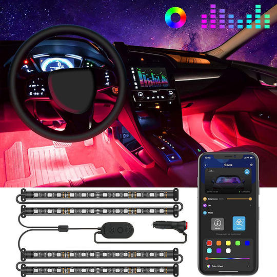 Govee Interior Car Lights, LED Car Strip Lights with 2 Lines Waterproof Design, 48 LEDs App Control Car Light Kit, DIY Mode and Music Sync Under Dash Car Lighting with Car Charger, DC 12V