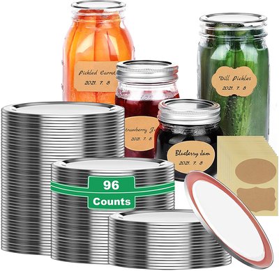 Wide Mouth Canning Lids Only, 96-Count Wide Larger Mouth Canning Lids Widemouth Glass Mason Jar Lid- Split-Type Metal Jar Lids for Canning Wide Mouth - Food Grade Material (86mm, Silver, 24PCS Label )