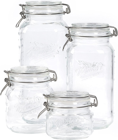 Mason Craft & More Airtight Kitchen Food Storage Clear Glass Clamp Jars, 4 Piece Clamp Preserving Jar Set (.5L, 1L, 2L, and 3L)