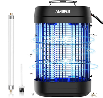 Bug Zapper, AMUFER Effective 1800V Electric Mosquito Zapper Killer Trap Fly Zapper Insect Zapper with 2 Powerful Metal Grids for Commercial Industrial Home Office (repalcement Bulb + Brush Included)