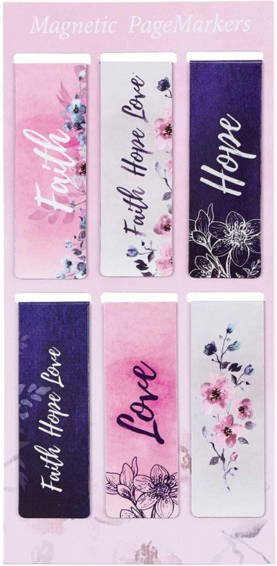 Christian Art Gifts Set of 6 Faith Hope Love Pink Flowers Inspirational Magnetic Bible Verse Bookmark with Scripture, Size Small 2.3" x .75"