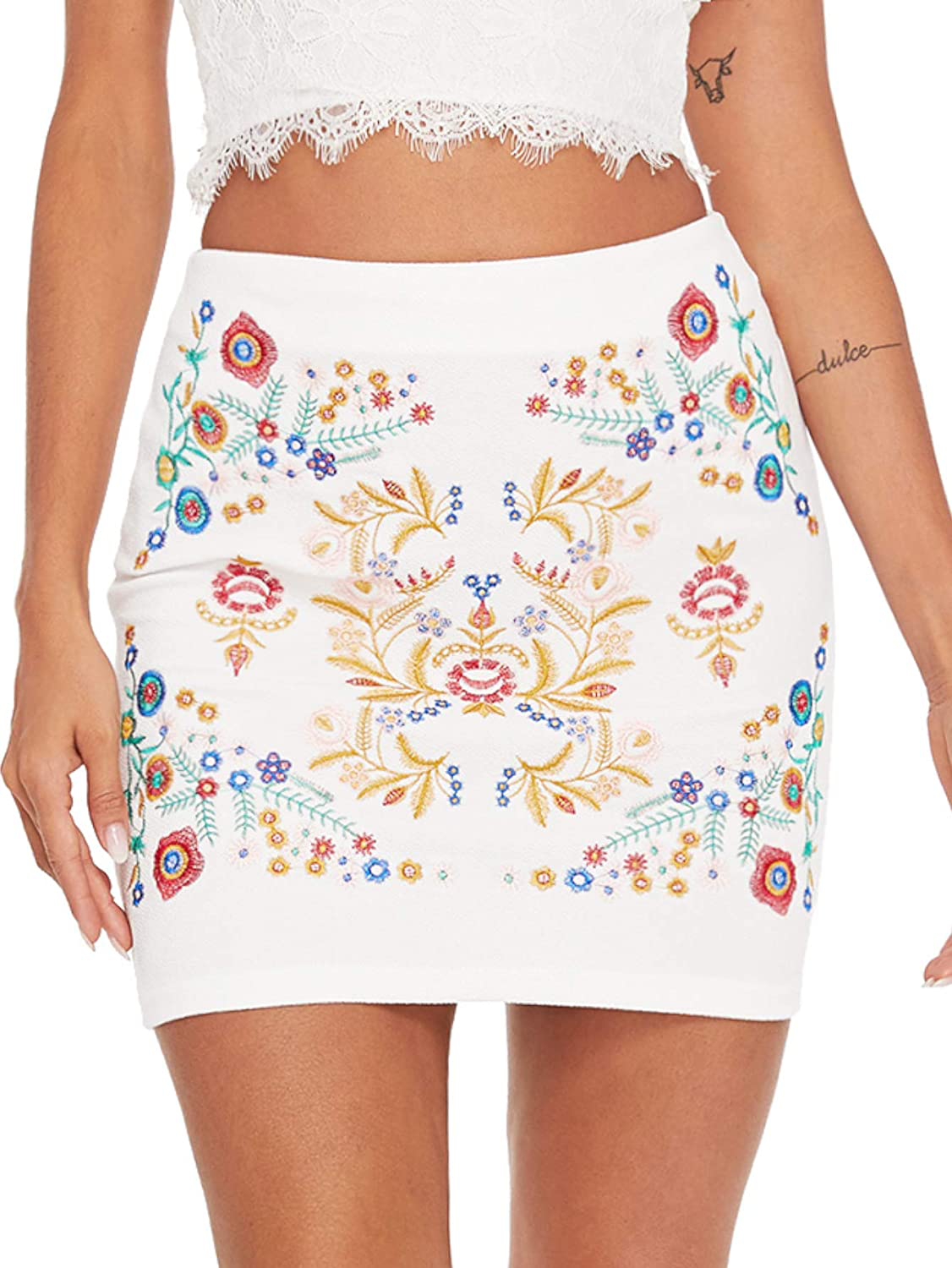 SheIn Women's Casual Floral Embroidered Bodycon Short Mini Skirt