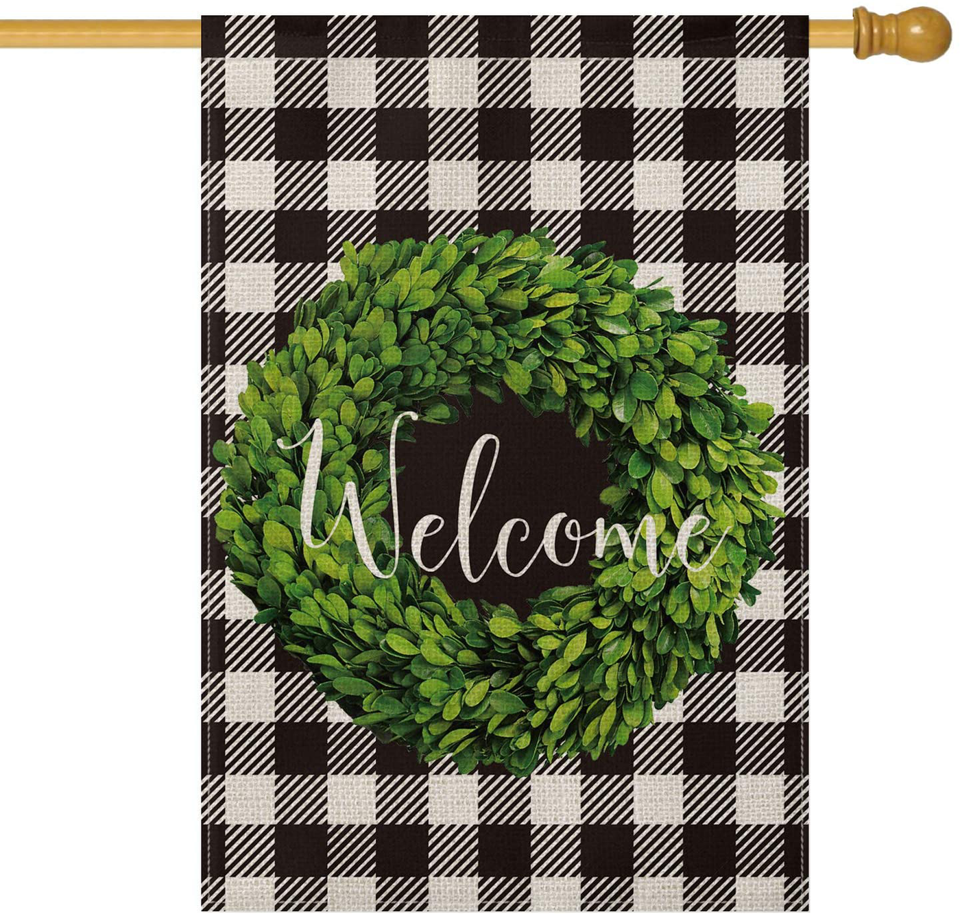 AVOIN Fall Boxwood Wreath Welcome Garden Flag Vertical Double Sided, Buffalo Check Plaid Rustic Farmhouse Flag Yard Outdoor Decoration 12.5 x 18 Inch