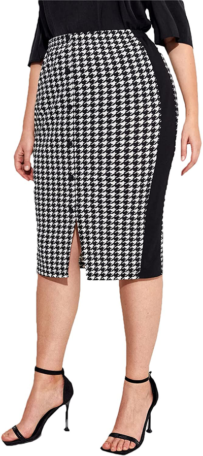 SheIn Women's Plus Below Knee Plaid Print Stretch Bodycon Midi Office Pencil Skirt