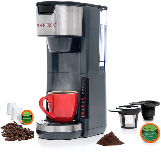 Mixpresso Single Serve 2 in 1 Coffee Brewer K-Cup Pods Compatible & Ground Coffee,Compact Coffee Maker Single Serve With 30 oz Detachable Reservoir, 5 Brew Size and Adjustable Drip Tray ( (Grey)