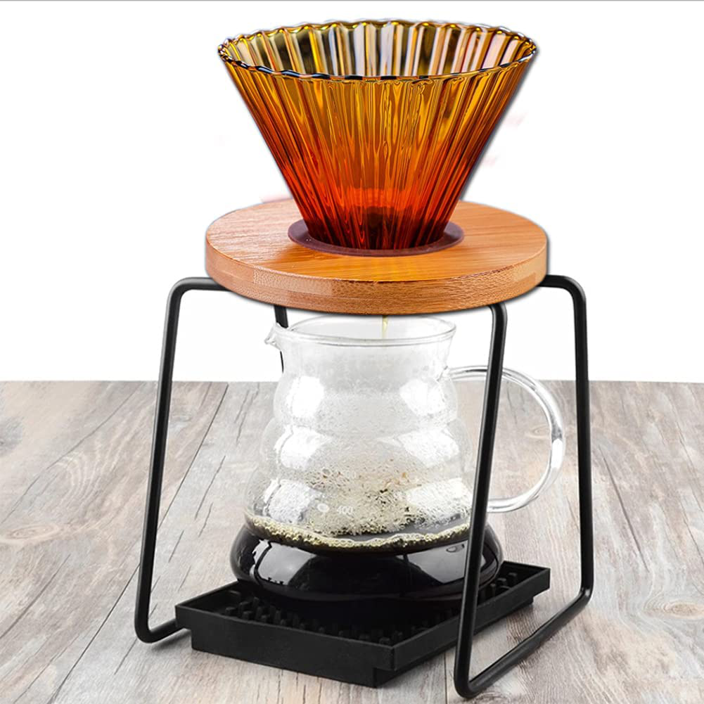 Pour Over Coffee Maker Set，Elegant Flower Shape V60 Dripper Cone, Wood Stand and Stainless Steel Standfor 1-2 Cups Slow Brewing Accessories for Home Cafe Restaurants (Brown)