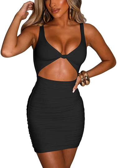 Kaximil Women's Sexy Bodycon Sleeveless Cut Out Ruched Tank Mini Club Party Dresses