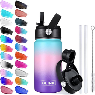 Glink Stainless Steel Water Bottle with Straw, 12-64 oz Wide Mouth Double Wall Vacuum Insulated Water Bottle Leakproof, Straw Lid and Spout Lid with New Rotating Rubber Handle