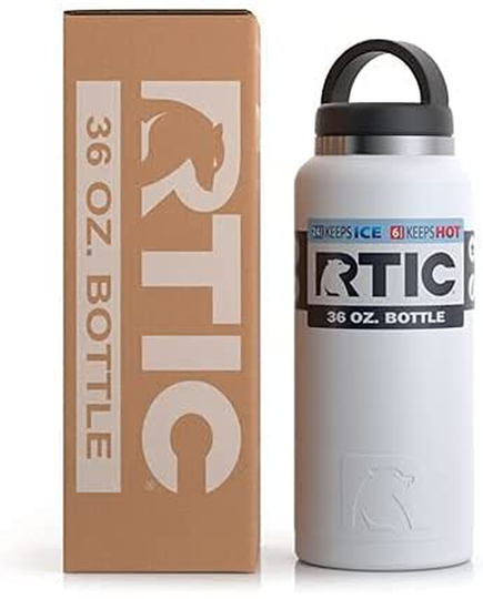 RTIC Bottle, 36 oz, White, Double Vacuum Insulated Water Bottle, Stainless Steel for Hot & Cold Drinks, Sweat Proof Thermos, Great for Travel, Hiking & Camping