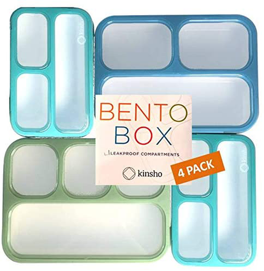 Leakproof Bento Lunch and Snack Boxes. Family Pack of 4 Meal Planning Portion Containers For Women, Adults. BPA Free. Utensils. Blue, Green