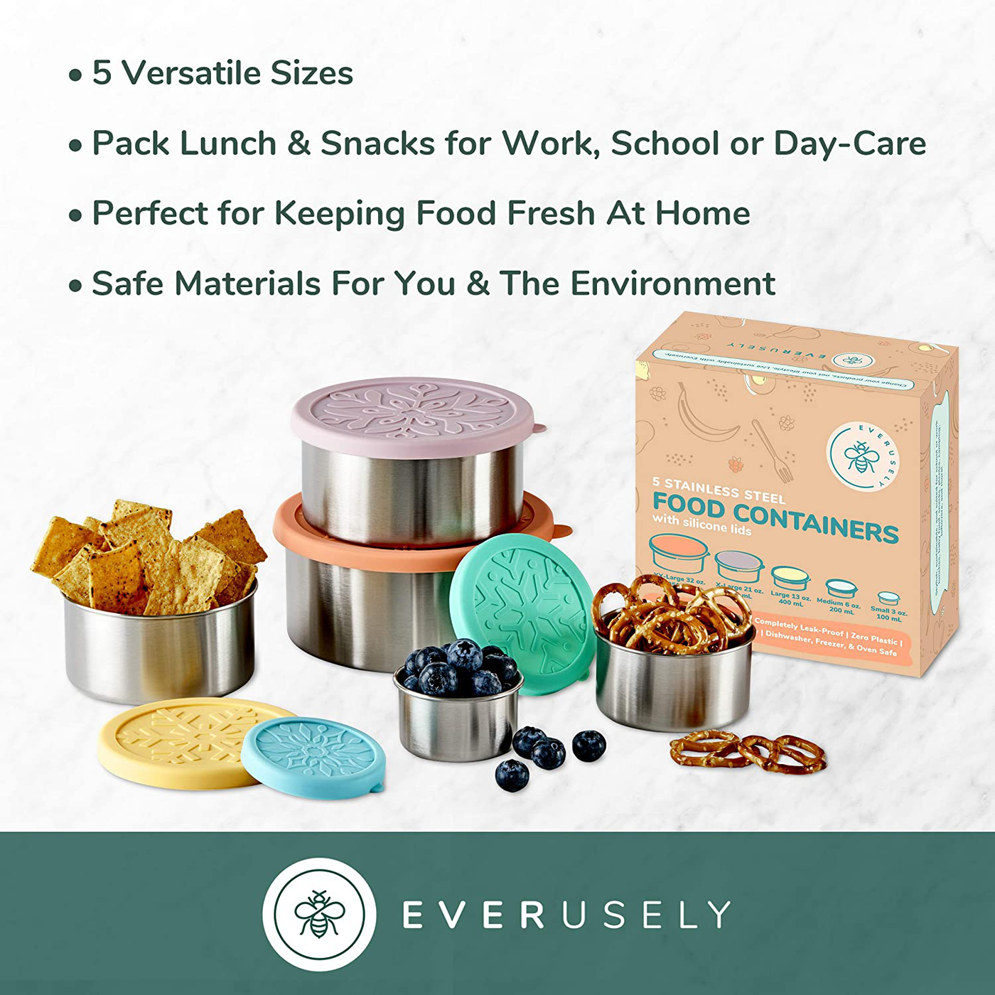Everusely Stainless Steel Food Containers With Lids, Reusable Snack Containers, Stainless Steel Lunch Container, Metal Food Containers, Stainless Steel Food Storage Containers, Bento Box, Lunch Box