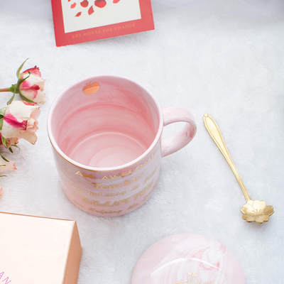 Luspan Teacher Gift - Teacher Appreciation Gifts - Best Gifts for Teachers - Best Teacher Gifts for Women - Pink Marble Ceramic Coffee Mugs 11.5oz and Lid