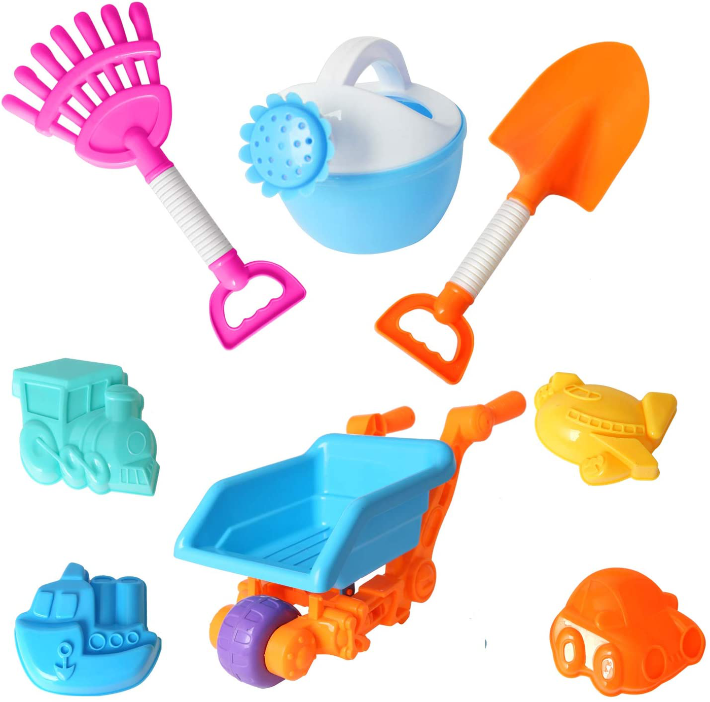 OUFOTAT Beach Toy Set for Kids - Including Shovel, Rake, Watering Can and Duck Waterwheel Random Color, Indoor Outdoor Sand Play Toys for Boys and Girls (4PCS Beach Toys 6231)