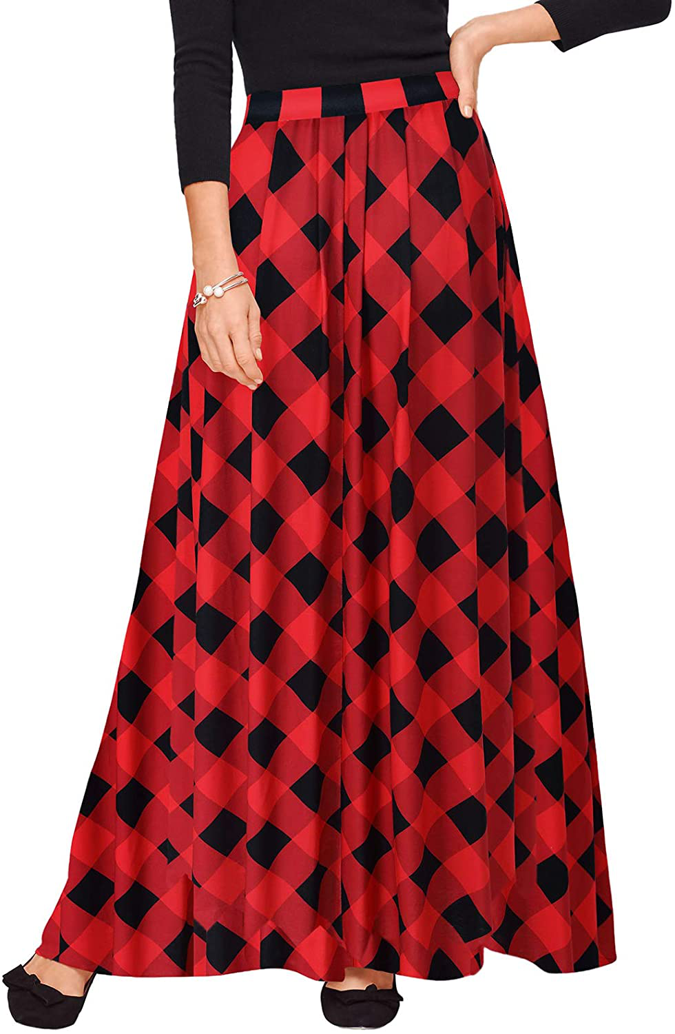 Zattcas Womens Buffalo Plaid High Elastic Waist Pleated Maxi Skirt with Pockets