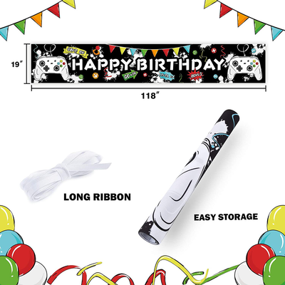 Watercolor Video Game HAPPY BIRTHDAY Banner - 19'' x 118'' Game Theme Party Decorations for Boys Birthday Party Supplies Large Outdoor Photo Background Fence Yard Sign