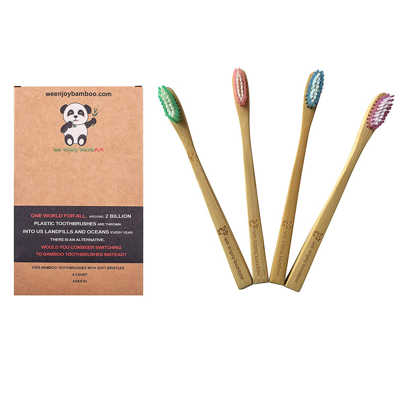 Natural Organic Eco Friendly Bamboo Toothbrush Adult Soft Nylon Bristles, BPA Free, 100% Plastic Free & Biodegradable Handles & Packaging, Responsible Dental Care, 4-Pack