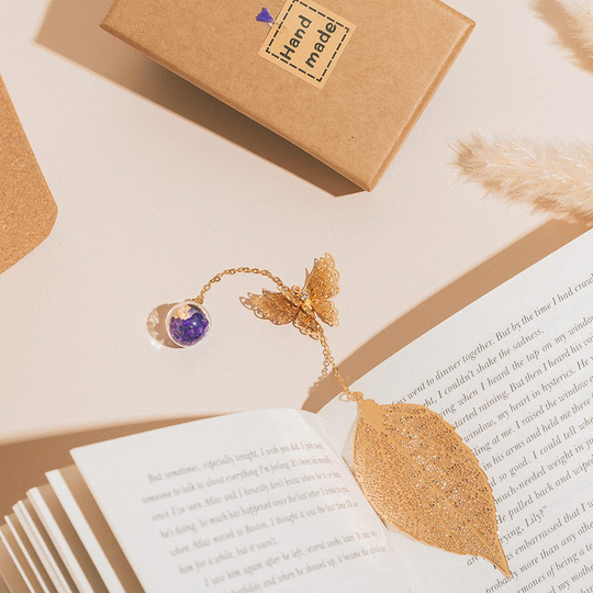 Metal Leaf Bookmark with 3D Butterfly Pendant