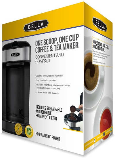 BELLA One Scoop One Cup Coffee Maker, Brew in Minutes, Dishwater Safe, Black and Stainless Steel
