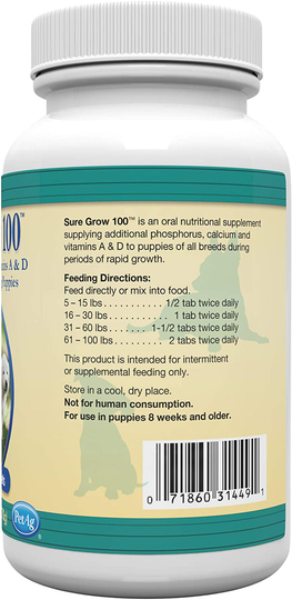 PetAg Sure Grow 100 - Puppy Vitamins - Calcium & Phosphorus Supplement for Dogs - 100 Tablets
