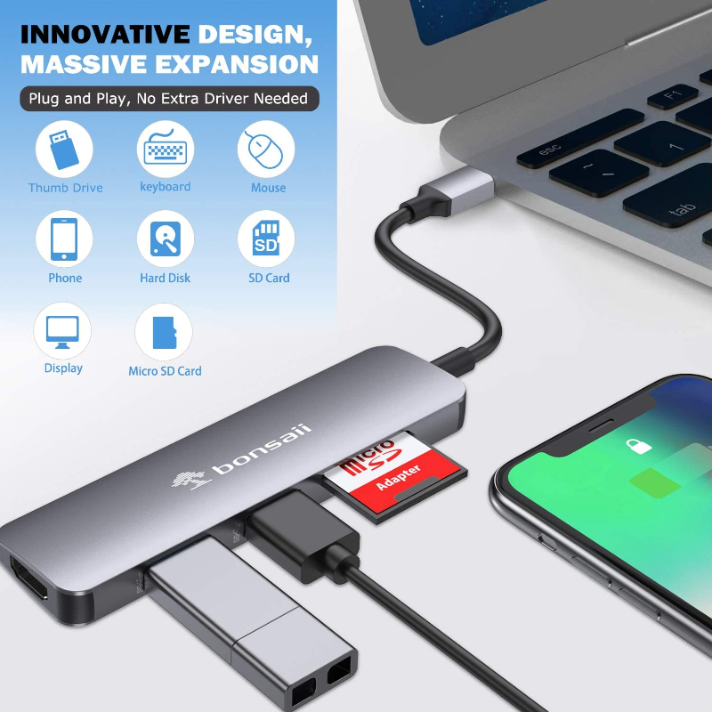 5 in 1 USB Type C Hub with 4K HDMI, SD/TF Card Reader and 2 Ports USB 3.0