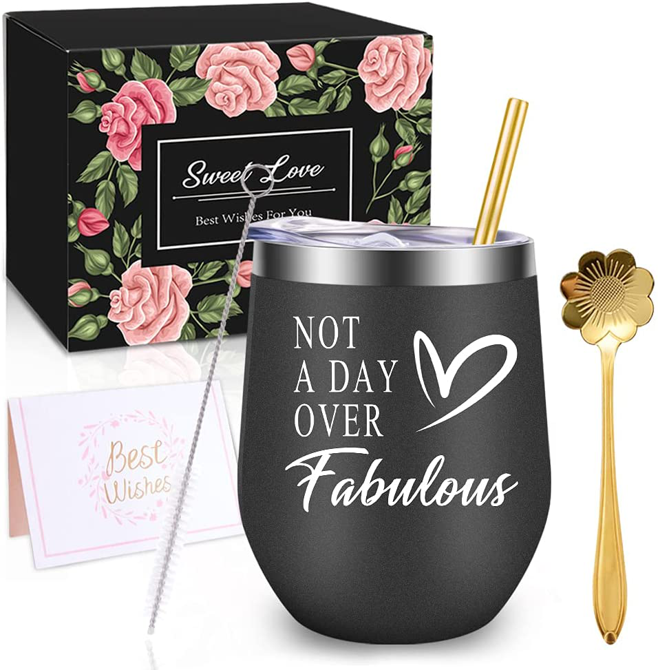 WONDAY Gifts for Women-Birthday Gifts for Women-Wine Gifts Ideas for Women, Mother, BFF, Mom, Friends, Wife, Daughter, Sister, 12 OZ Stainless Steel Wine Tumbler with Lid and Coffee Spoon (Black)