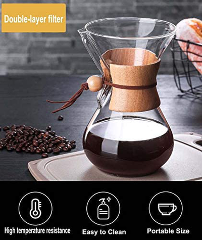 AIDDKK 400ML Pour Over Coffee Maker, High Borosilicate Glass Manual Coffee Dripper Brewer with Stainless Steel Filter, Manual Coffee Drip Coffee Maker with Real Wood Sleeve - No Paper Filters Needed