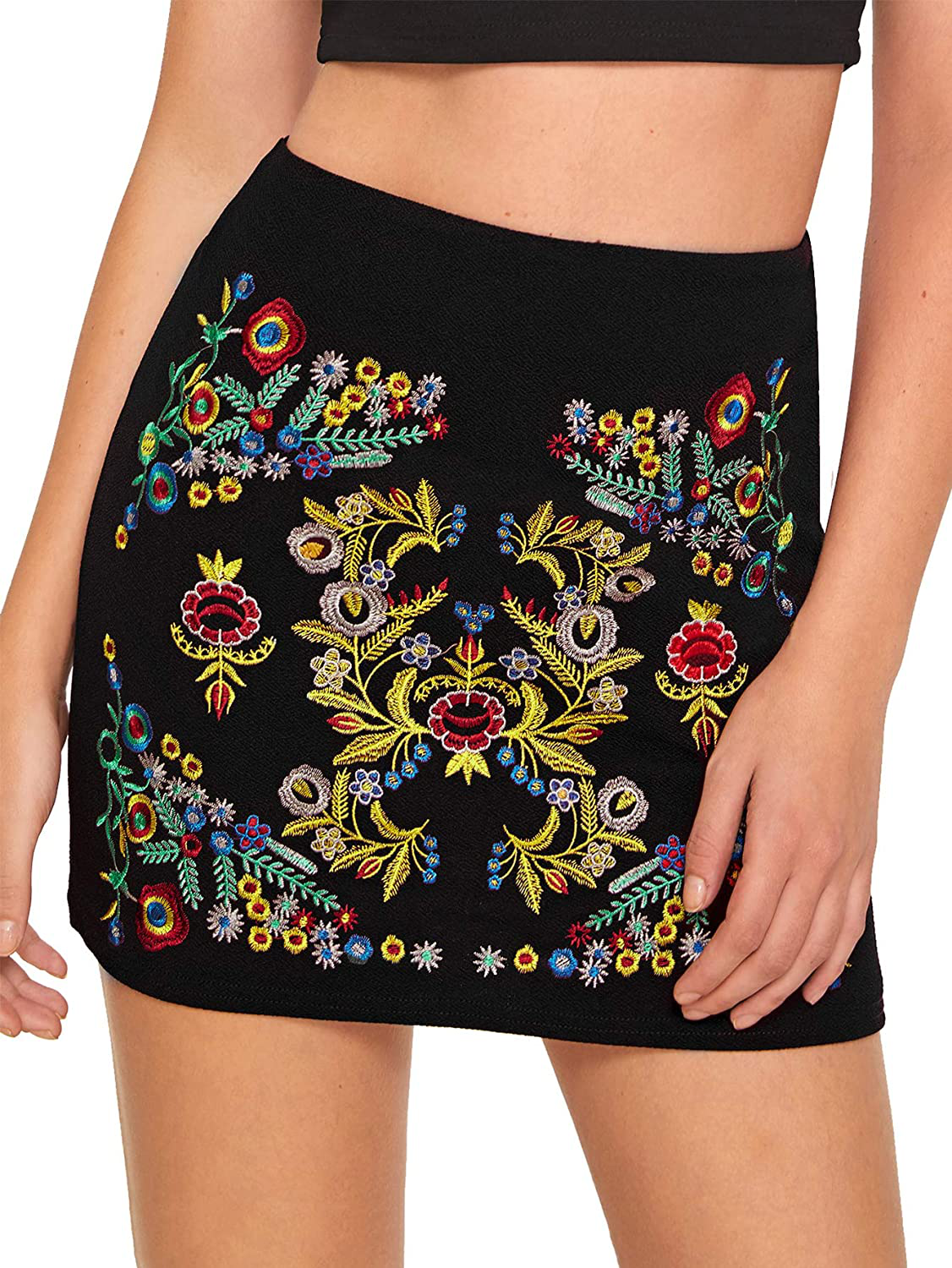 SheIn Women's Casual Floral Embroidered Bodycon Short Mini Skirt