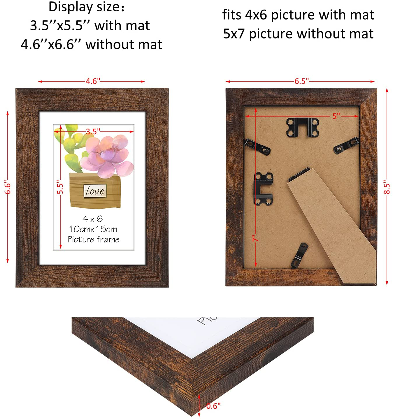 4x6 Picture Frame Set of 4, Display Photo 4x6 with Mat or 5x7 without Mat, Wooden Rustic Picture Frames for Tabletop or Wall Mounting, Brown