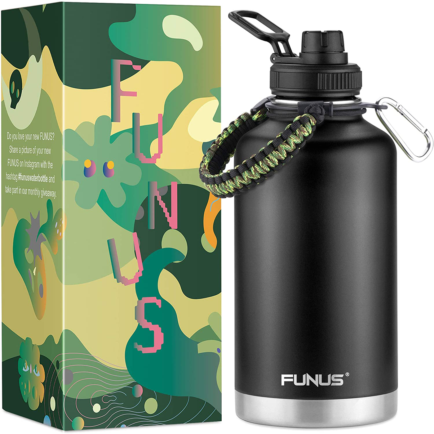 FUNUS Half Gallon Insulated Water Bottle64 oz Vacuum Stainless Steel Water Jug for Men Women Sports Fitness Outdoor Travel Camping Workout (Army Green)