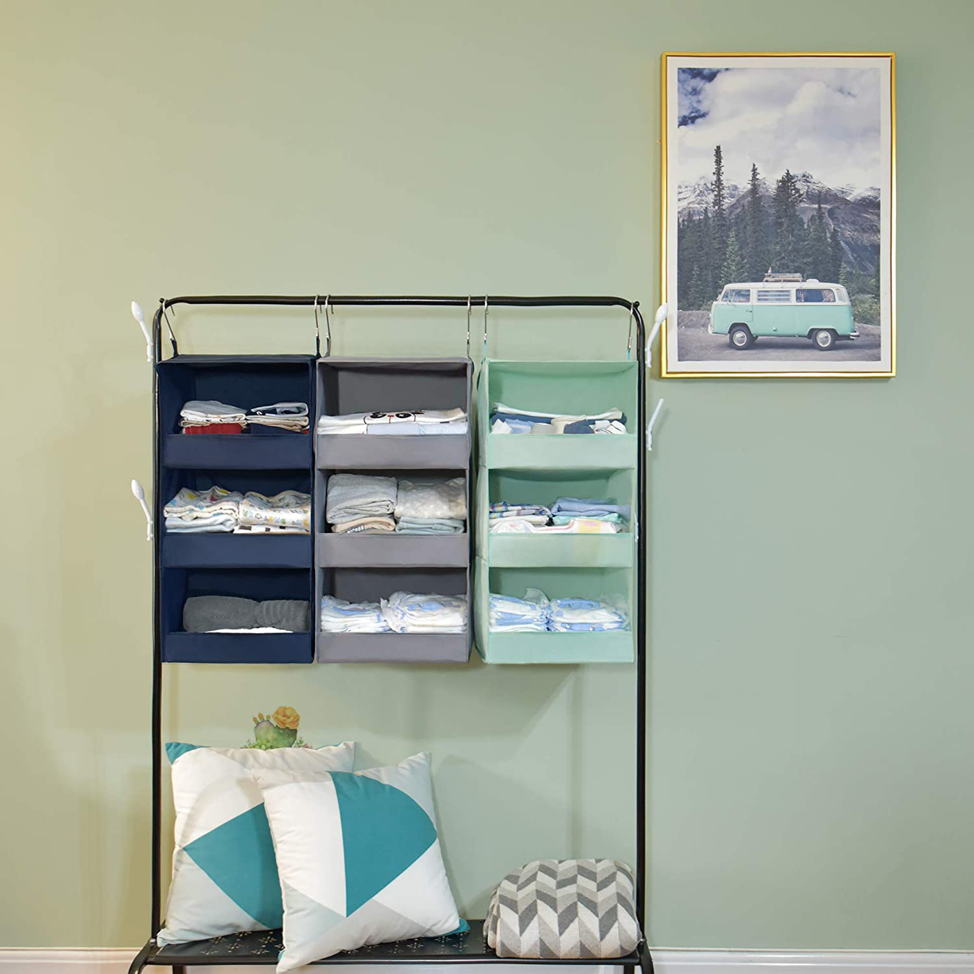 GRANNY SAYS 3-Shelf Hanging Closet Organizer, Collapsible Closet Hanging Shelves, Nursery Hanging Organizer, Light Green, 28.9" H X 12.2" W X 12.2" D