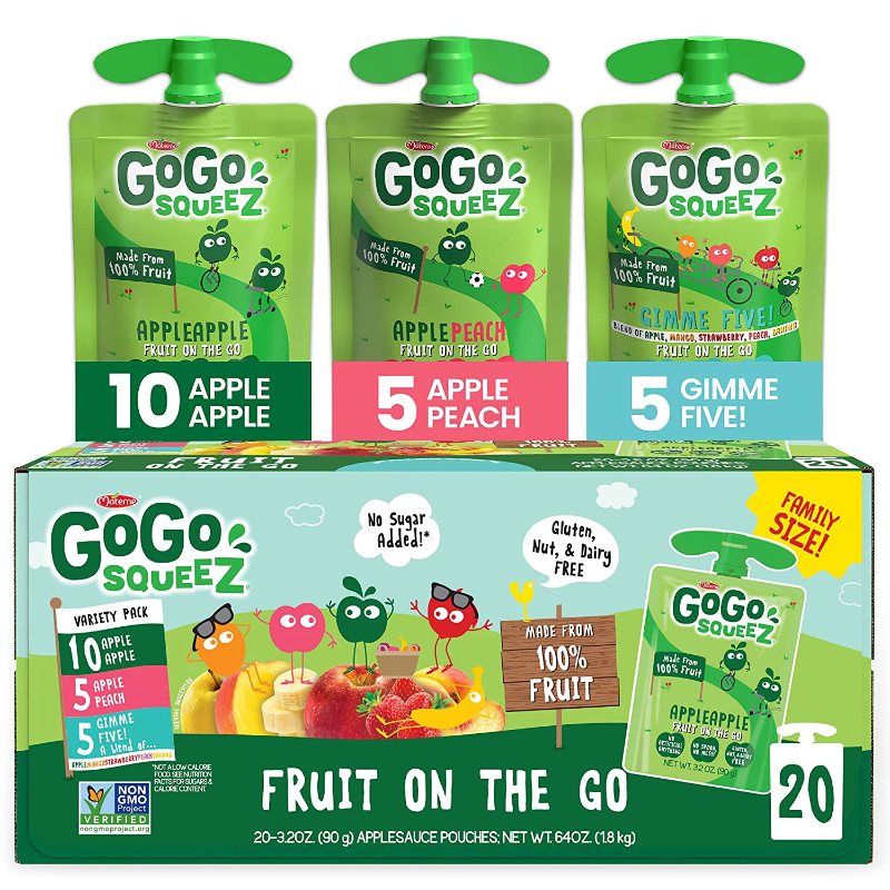 GoGo squeeZ Fruit on the Go Variety Pack, Apple Apple, Apple Peach, & Gimme Five!, 3.2 oz. (20 Pouches) - Tasty Kids Applesauce Snacks - Gluten Free Snacks for Kids - Nut & Dairy Free - Vegan Snacks