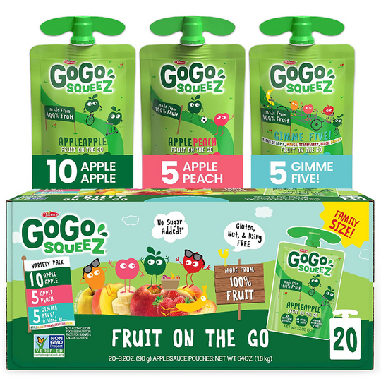 GoGo squeeZ Fruit on the Go Variety Pack, Apple Apple, Apple Peach, & Gimme Five!, 3.2 oz. (20 Pouches) - Tasty Kids Applesauce Snacks - Gluten Free Snacks for Kids - Nut & Dairy Free - Vegan Snacks