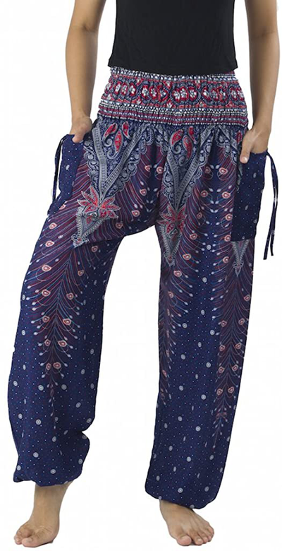 Lannaclothesdesign Women's Smocked Waist Peacock Print Harem Pants Hippie Bohemian Style
