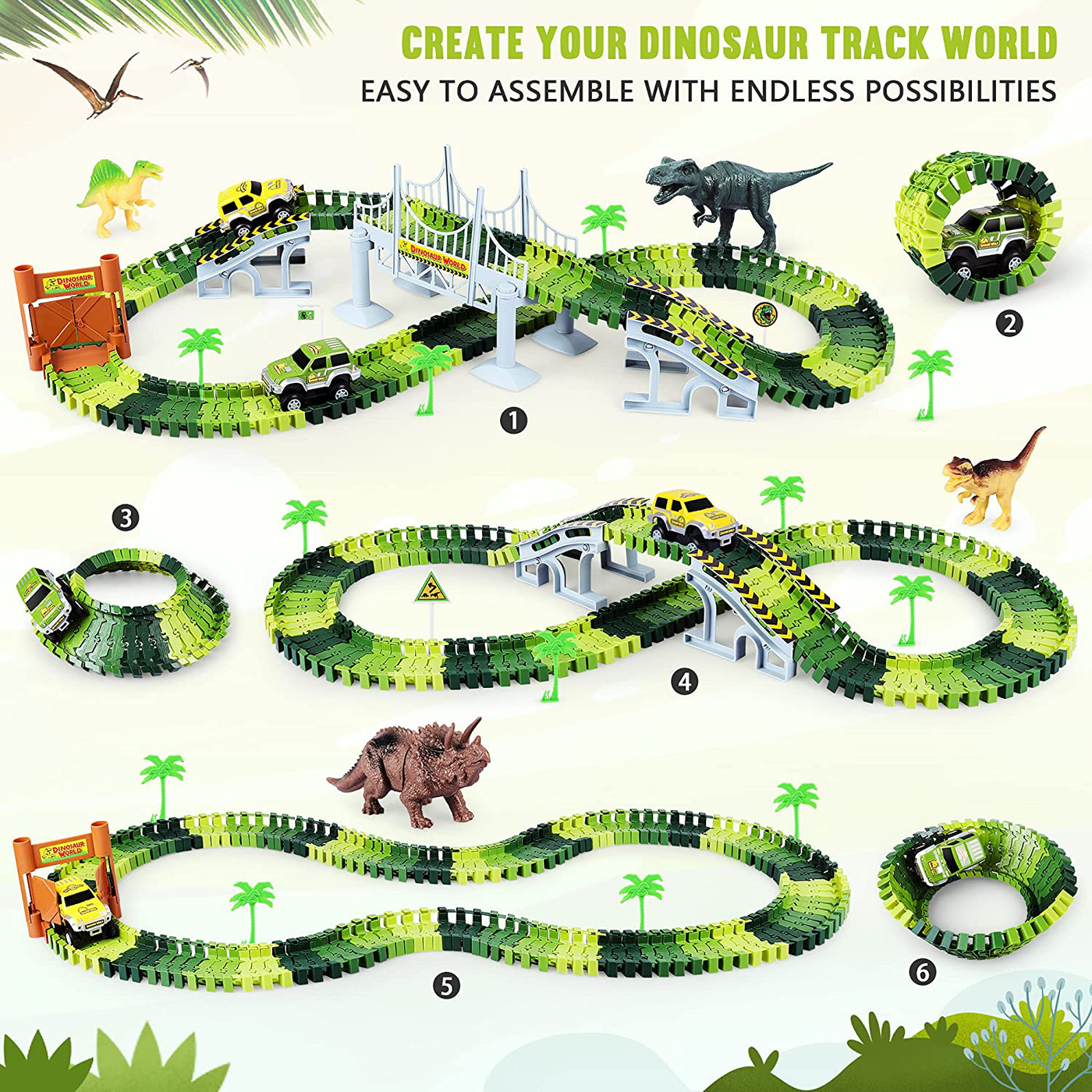 Dinosaur Toys-170 pcs Create A Dinosaur World Road Race-Flexible Track Playset ,4 Dinosaurs and 2 Race Car Toys for 3 4 5 6 Year & Up Old boy Girls Best Gift (Green)