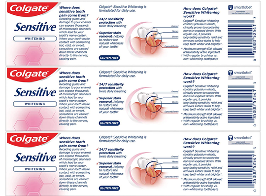 Colgate Whitening Toothpaste for Sensitive Teeth, Enamel Repair and Cavity Protection, Fresh Mint Gel, 6 Oz, Pack of 3