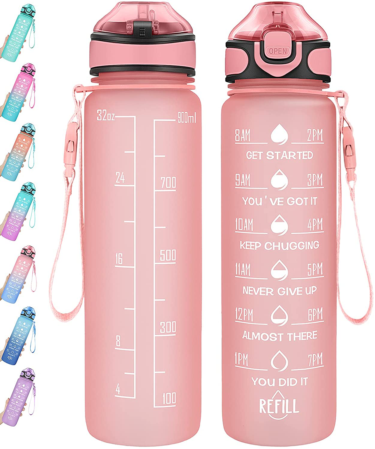 Water Bottle 32oz with Straw, Motivational Water Bottle with Time Marker & Buckle Strap,Leak-Proof Tritan BPA-Free, Ensure You Drink Enough Water for Fitness, Gym, Camping, Outdoor Sports