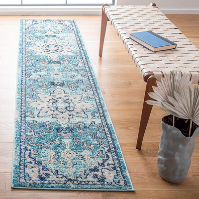 Safavieh Madison Collection MAD473K Boho Chic Medallion Distressed Non-Shedding Stain Resistant Living Room Bedroom Area Rug, 6'7" x 6'7" Square, Teal / Navy