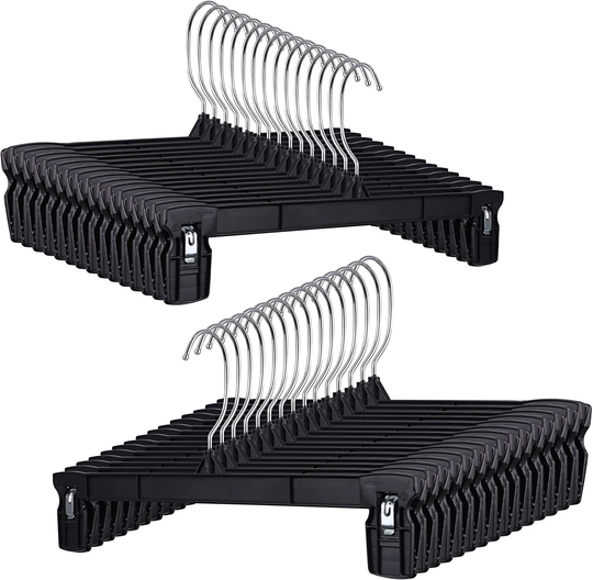 Hanger Central Space Saving 30 Pack, Heavy Duty Slim Plastic Pants Hangers, Ridged Non-Slip with Pinch Clips, 360-Rotating Chrome Swivel Hook, in Black, 10/12/14 Inch (12")