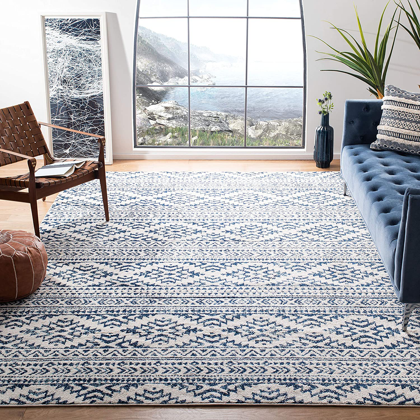 Safavieh Tulum Collection TUL272D Moroccan Boho Tribal Non-Shedding Stain Resistant Living Room Bedroom Area Rug, 6'7" x 6'7" Square, Ivory / Navy