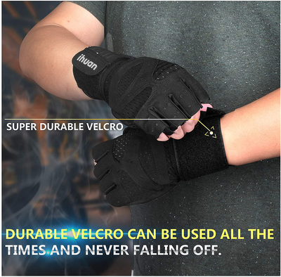 ihuan Ventilated Weight Lifting Gym Workout Gloves Full Finger with Wrist Wrap Support for Men & Women, Full Palm Protection, for Weightlifting, Training, Fitness, Hanging, Pull ups