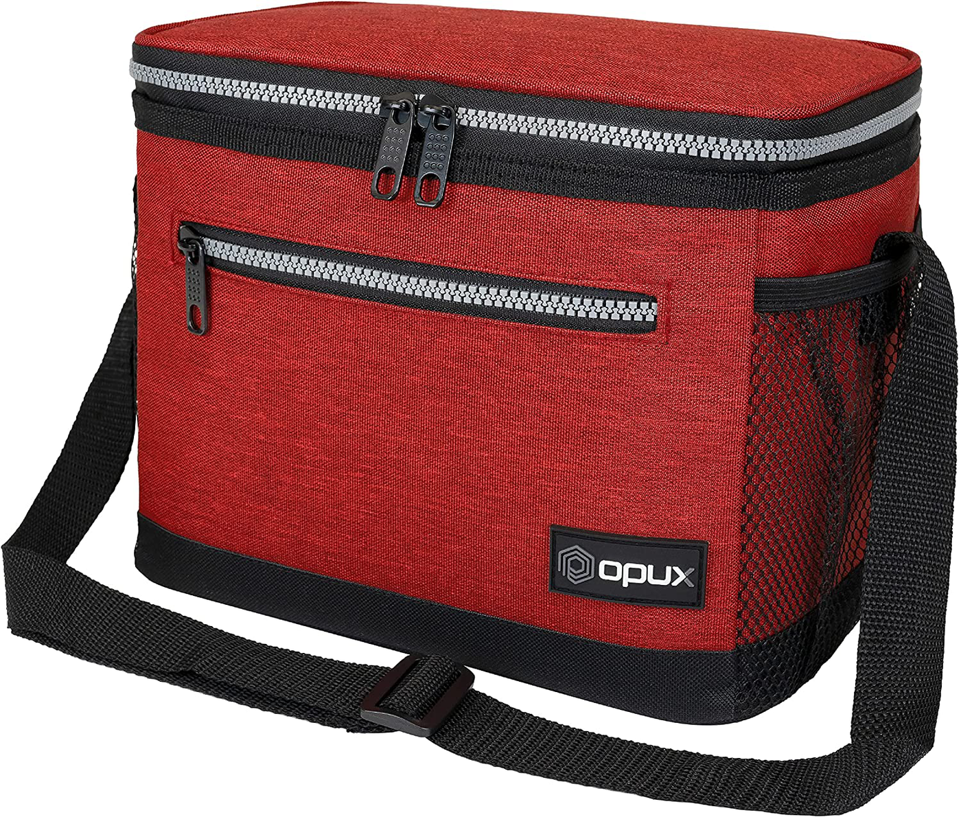 OPUX Insulated Lunch Box for Men Women, Leakproof Thermal Lunch Bag for Work, Reusable Lunch Cooler Tote, Soft School Lunch Pail for Kids with Shoulder Strap, Pockets, 14 Cans, 8L, Heather Red