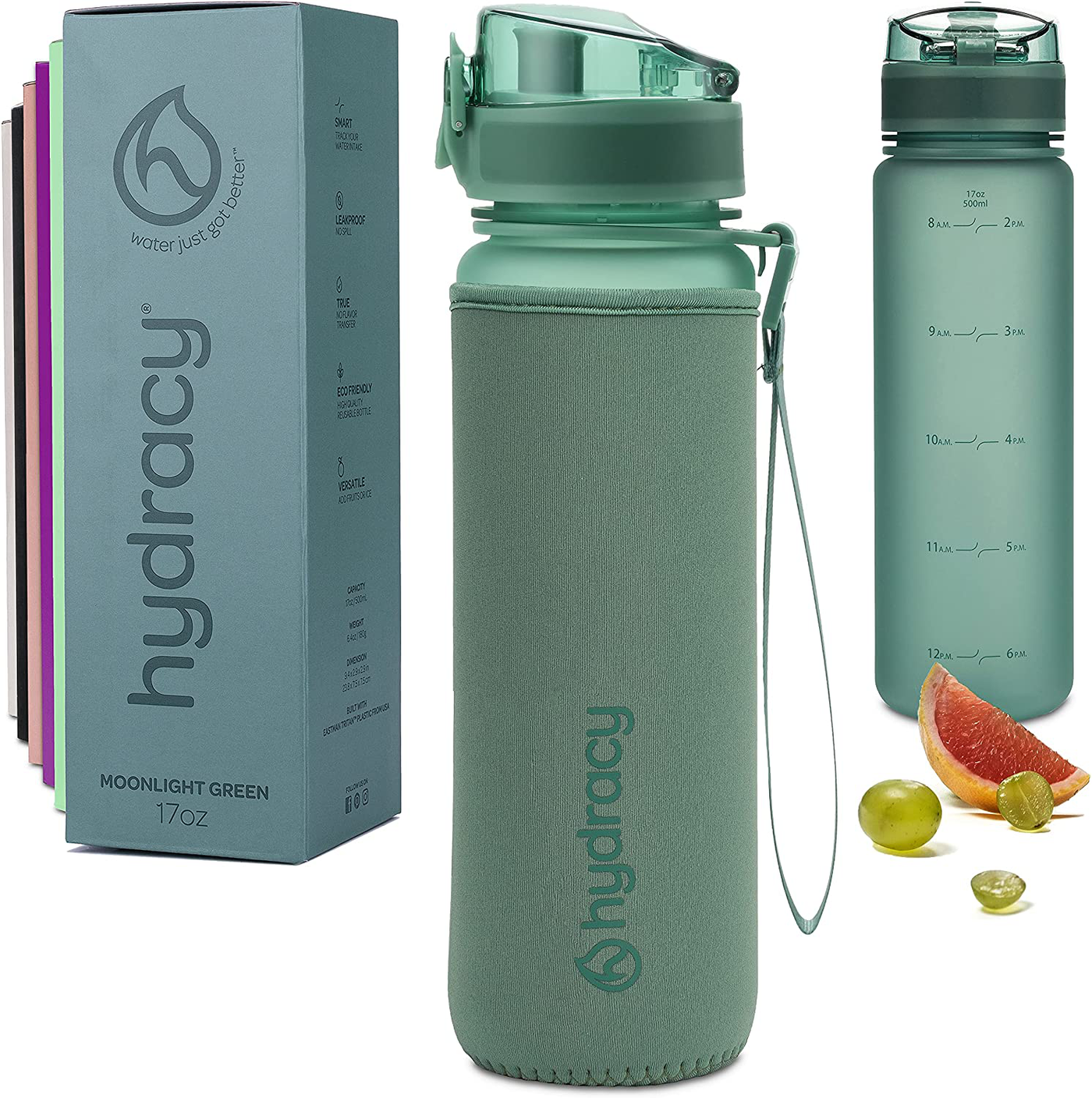 Hydracy Water Bottle with Time Marker - 500 ml 17oz BPA Free Water Bottle -Leak Proof & No Sweat Gym Bottle with Fruit Infuser Strainer -Ideal Gift for Fitness, Sports & Outdoors - Berry Blue